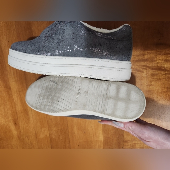 J/Slides Nada Pewter Metallic Suede Slip On Platform Shoes Faux Shearling Suede - Picture 9 of 11